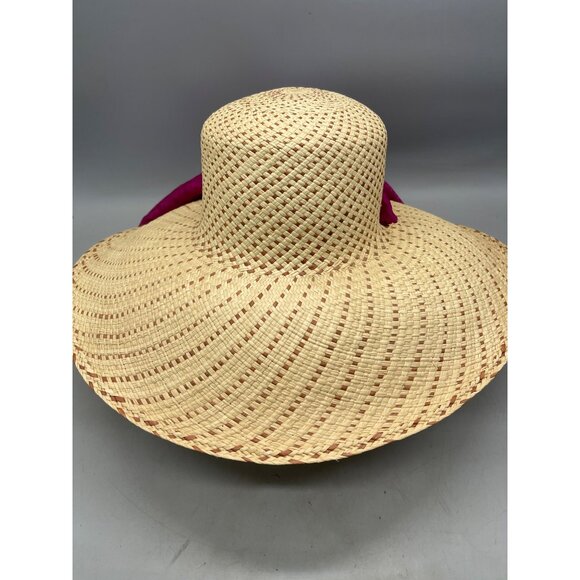 hand woven straw sun wide rim hat headband purple scarf in Ecuador brown 7\